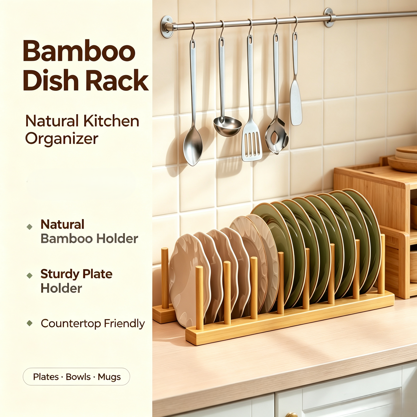 Bamboo Dish Rack, Countertop Plate &amp; Cup Organizer
