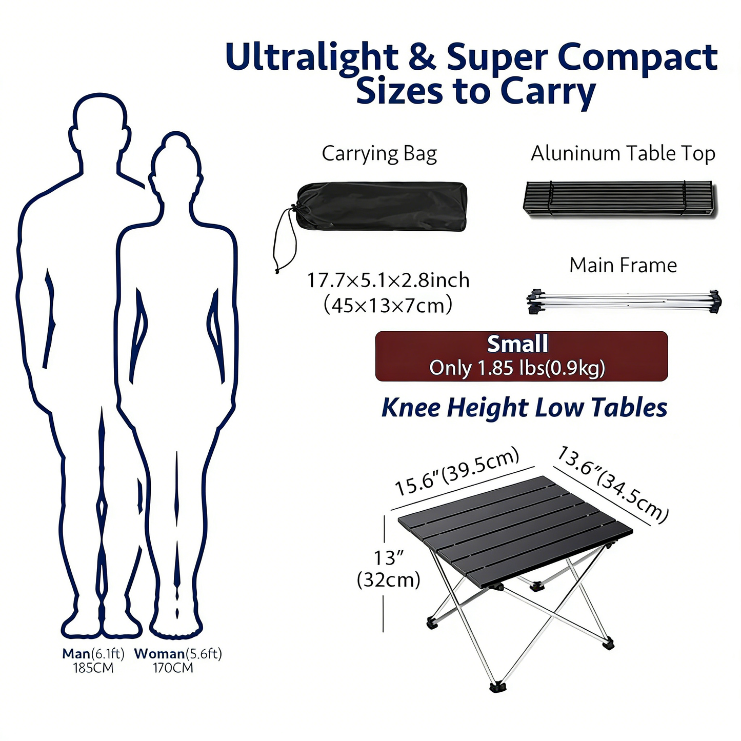 Ultralight Folding Camping Table with Aluminum Top, Portable Low Table