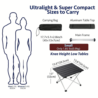 Ultralight Folding Camping Table with Aluminum Top, Portable Low Table
